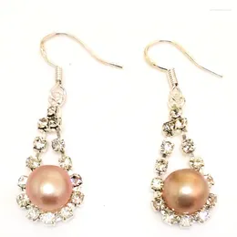 Dangle Earrings 1.5 Inches 8-9mm Natural Pink Button Pearl Earring With 925 Sterling Silver Clasp And Zirconia