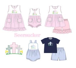 Easter Boutique Short Sleeve T-shirt Round Neck Cross Embroidery Girl Pink Romper Boy Blue Top Clothes And Pleated Skirt Pants