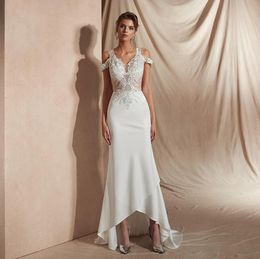 Beach Wedding Dress for Bride Sequins Lace Applique Sheer Bodice Cold the Shoulder Satin Skirt HiLo Fit and Flare Gown9544545