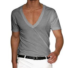 Summer Mens Solid Colour Short Sleeve Deep V Neck Basic T-Shirt Gym Muscle Fitness Bodybuilding Tee Tops T Shirts Clothing 240320