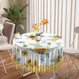 1PC Round Tablecloth with Floral Plant Waterproof Colored Dining Table Cover Multi-purpose 63 inch Sunflower Tablecloth