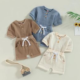 Clothing Sets 0-3Y Infant Boys Summer Clothes Outfits Solid Colour Buttons Crew Neck Short Sleeve Tops And Elastic Waist Shorts 2Pcs Suit