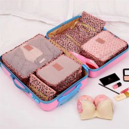 6 Pcs Leopard Print Travel Suitcase Bags Solid Colour Luggage Wardrobe Clothes Storage Organiser Underwear Shoes Packing Cubes