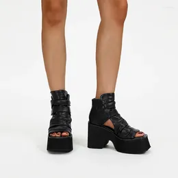 Dress Shoes 10cm Ladies Wedge Sandals Black Genuine Leather Platform Chunky High Heels Punk Summer Boots Women Wedges