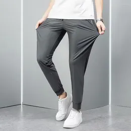 Men's Pants Men Casual Trousers Loose Straight Drawstring Ninth With Elastic Waist Pockets Solid Colour Breathable Soft For Daily