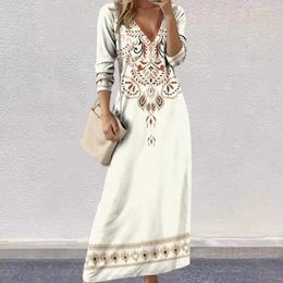 Casual Dresses Lady Dress Bohemian Maxi With Ethnic Print V Neck Long Sleeves Women's Spring A-line Pullover In Soft Breathable For Ankle