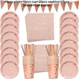 78pcs Rose Gold Party Disposable Tableware Set paper Plates Cup Straws Adult Birthday Party Decorations Kids Babyshower Girl