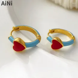 Hoop Earrings Sweet Korean Temperament Red Heart Modern Lovely Jewellery High Quality Copper Small For Women Girl