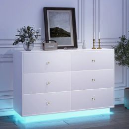 White LED 6 Drawer Dresser for Bedroom, Modern Dressers & Chests of Drawers with Diamond Handle