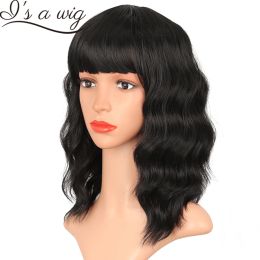 Wigs I's a wig Short Black Synthetic Wigs with Bangs Short Wavy Bob Wig for Women Brown Red Ombre Blonde Daily Use Lolita Cosplay Wig