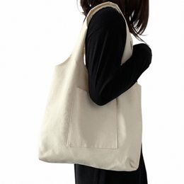 beige Canvas Shop Bag Women Girl Reusable Eco Black HandBags N-woven fabric Large Capacity Solid Colour Tote Bags 42X36cm o09x#