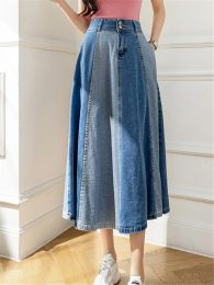 Seoulish 2022 New Colorblock Damen Denim Long Rocks Classic High-Wasit-Regenschirm-Jeans Röcke weibliche Straight A-Line-Röcke