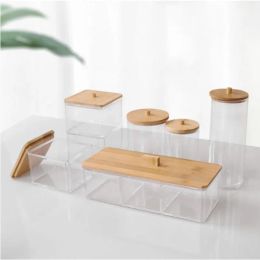 Brushes Bathroom Accessories Cosmetic Organizer Jewelry Storage Box Cotton Swab Cotton Ball Makeup Brush Holder Bamboo Cover Plastic Box