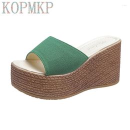 Dress Shoes 2024 Wedgie Slipper Green 9cm High Heel Stylish Casual Sole Polyurethane Women Sandals Heels Slippers Wedges Size 43