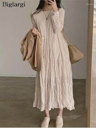 Casual Dresses Spring Long Dress Women Korean Style Loose Ruffle Pleated Fashion Ladies Sleeve Woman Pullover Vestido Mujer