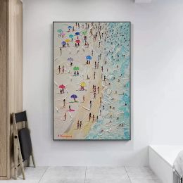 Nordic Summer Beach Seascape Oil Painting Canvas Ocean Swimming Sand Wall Art Poster Print For Modern Living Room Home Decor