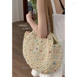 Shoulder Bags Holiday Style Colour Pearl Straw Bag Women's Fashion Korean Tote Large Capacity Casual Soft Commute Woven Shopping