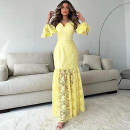 Abiti da festa Fashionvane Pizzo Giallo Prom Maniche lunghe Cerniera sul retro Abito da damigella d'onore per matrimoni Abiti da donna dell'Arabia Saudita