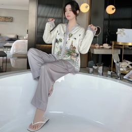 Lisacmvpnel 2024 New Spring Pyjamas Women's Ice Silk Long Sleeve Suit Court Style Ice Silk Large Home Clothes