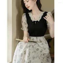 Party Dresses French Style Retro Dress Female Summer Rose Print Fashion Vestidos Lace Black V-neck Knitted Patchwork Elegant For Women