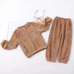 Kids Coral Fleece Pajama Set Baby Boys Girls Winter Warm Plus Velvet Thick Child Sleepwear 2PCS Warm Home Suits Children Clothes