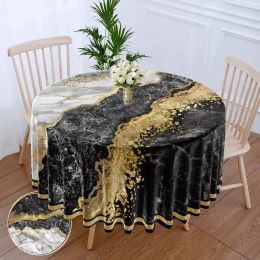 1 Piece Blue Purple Marble Circular Tablecloth with Black White Gilded Waterproof Dining Table Cover 63 inch Tablecloth