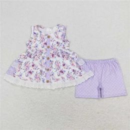 Toddler Summer Baby girls purple floral outfits flutter sleeves Top Shorts kids clothing sets Children boutique kid clothes 240323