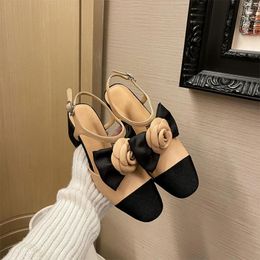 Sandals Apricot Round Toe Bow Flowers Thick Heel Woman Summer 2024 Black Mixed Colours Slingback Closed High Shoes