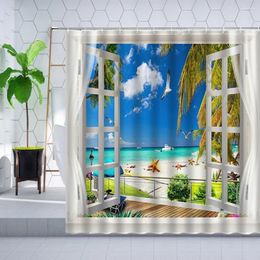 Shower Curtains 3D Window Ocean Scenery Curtain Summer Palm Tree Sandy Beach Green Plant Landscape Bathroom Polyester Cloth Sets