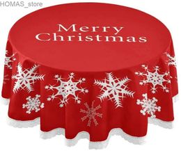 Table Cloth Red Christmas Snowflake Round Tablecloths Circular Table Cover Washable Polyester for Buffet Table Parties Picnic Dinner 60 Inch Y240401