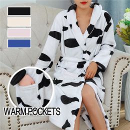 Women Milk Cow Flannel Robe Home Sleepwear Clothes Floral Print Shawl Collar Bathrobe Kimono Robe with Belt Winter Warm Pyjamas