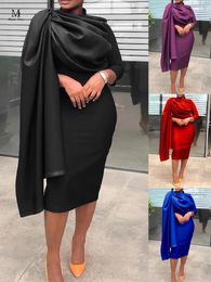 Casual Dresses Spring Elegant Midi Dress Women Long Sleeve Round Collar Solid Colour OL African Fashion Ladies Pencil With Cape 2024