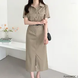 Party Dresses Design Japan Style Women Chic Korea Basic Wear Casual Robe Solid Pockets Vintage Long Button Shirt Dress Belt Vestidos