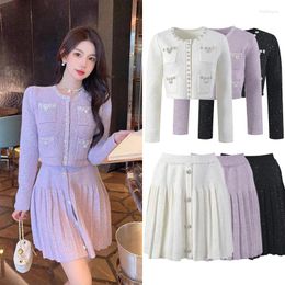 Work Dresses Fragrance Set Women's Diamond Sequin Knitted Coat With 100 Pleats Half Skirt Small Two Piece