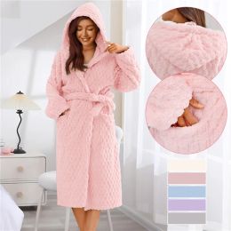 Women Winter Flannel Bathrobe Soft Warm Nightgown Pajamas Cute Rabbit Ear Hooded Pajamas With Pocket Casual Sleepwear Homesuits