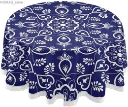 Table Cloth Mexican Talavera Ceramic Round Tablecloth Circle Table Cloth 60 Inch Circular Tabletop Fabric for Outdoor Party Picnic Camping Y240401