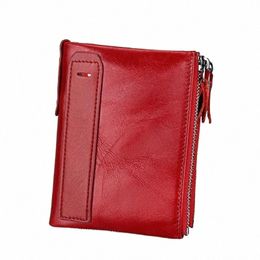 cowhide Genuine Leather Women short Wallet Bifold lady ID Card Holder Coin Purse Double Zipper Small female mini Purses r1Vf#