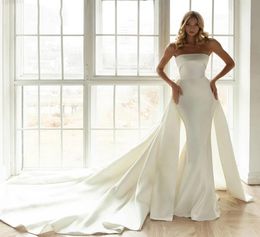 Elegant Satin Mermaid Wedding Dress With Detachable Train Strapless Floor Length Bride Dresses Vestido De Noiva6270484