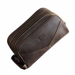 vintage Crazy Horse Leather men cosmetic Case makeup bag travel toiletry hand-held make up w bags Double Zipper man Organiser e9BJ#