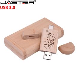 JASTER 10pcs/lot USB 3.0 Flash Drive TYPE-C 2 in 1 Memory Stick Wooden Pendrive 8GB 16GB 32GB 64GB 128GB Free Logo Wedding Gifts
