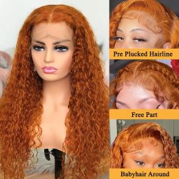 Wiggogo Orange Ginger Lace Front Wig Human Hair 30 Inch Curly Lace Front Human Hair Wig Deep Wave 13X4 13X6 Hd Lace Frontal Wigs