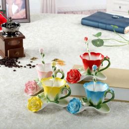 Cups Saucers Fashion 3D Rose Creative Personalized Ceramic Cup Enamel Color Coffee Gift Exquisite Afternoon Tea