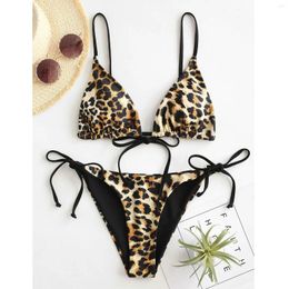 Women's Swimwear Ultra Thin Elastic Thong Bikini Set Y2k Brazilian Leopard Print Swimsuit Lace Up Bandage Style Ruffle Bathers Biquini