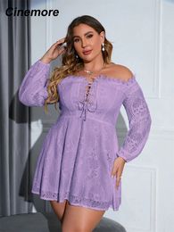 Cinemore Plus Size Dresses for Women Sexy Off Shoulder Lace Up A Line Mini Dress Chic Elegant Woman Long Sleeves 1102 240328