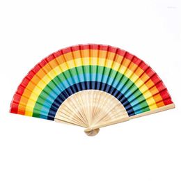 Decorative Figurines 1pc Folding Hand Fan Fold Dot Rainbow Print Black Bamboo & Nylon-Cloth Festival Handheld For Gift