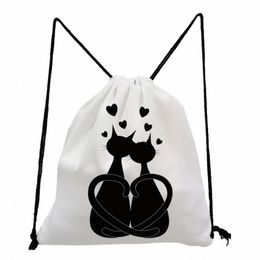 Customised Kawaii Cat Love Print Backpack for Students Cute Animal School Drawstring Pocket Gift Casual Portable Unisex Shoe Bag C6Hr#
