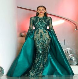 Dark Green Dubai Evening Dresses Sequins Applique Satin Tulle Mermaid Detachable Train Overskirt Long Sleeves Prom Ball Gown Forma9726213