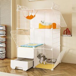 Cat Carriers Home Indoor Cages With Litter Box Toilet Integrated Villa Large Free Space Pet Products Two Floor Kitten House Z