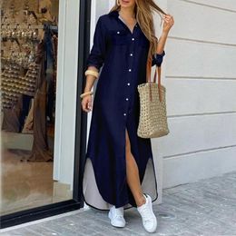 Casual Dresses Sexy Single Breasted Women's Dress Front Slit Fashion Lapel Buttons Shirt Long Sleeve Floor Length Bodycon Ladies