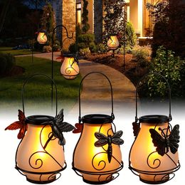 Solar Powered Flame Light dragonfly Outdoor Hanging Lamp hummingbird Metal Animal Statue LED Waterproof Lantern butterfly